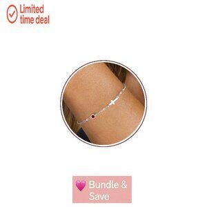 Dainty Gold Cross Bracelet with Birthstone, 6.5" + 2" Extender